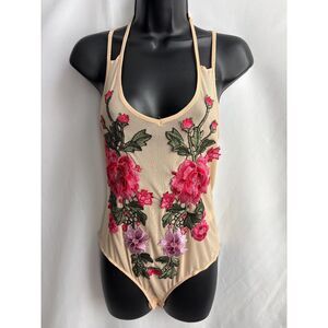Top Chic Beige Mesh Bodysuit with Floral Embroidery Sexy Spring Feminine Top L